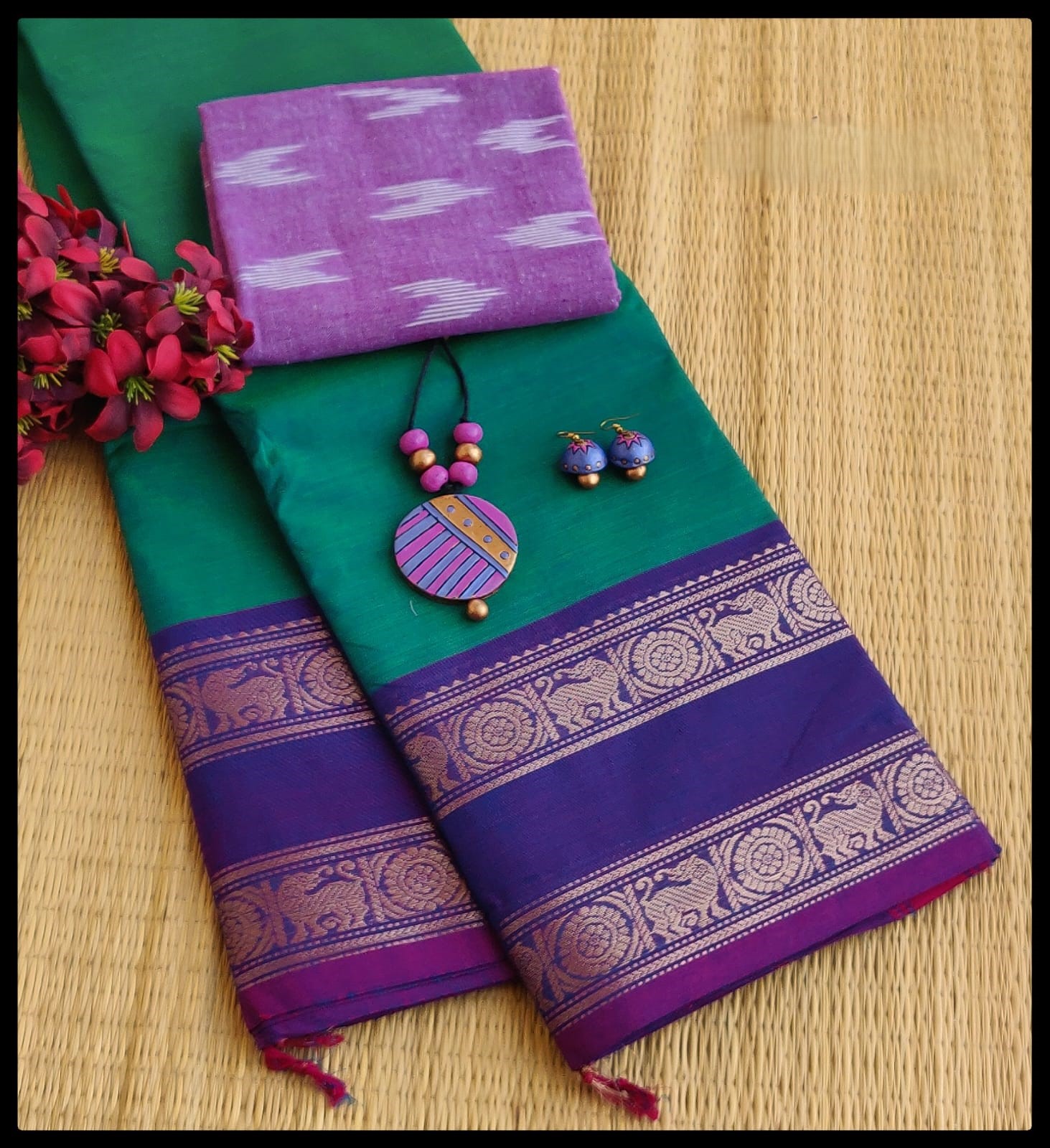 Deep Purple Animal Motif Zari Border Chettinad Cotton Saree